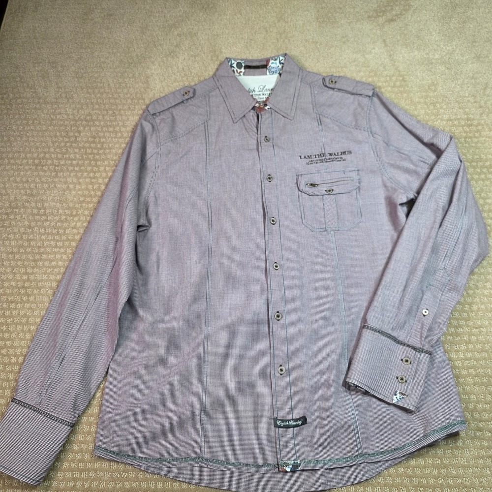 English Laundry Button‎ Down XL Purple Beatles I Am The Walrus Gingham Shirt